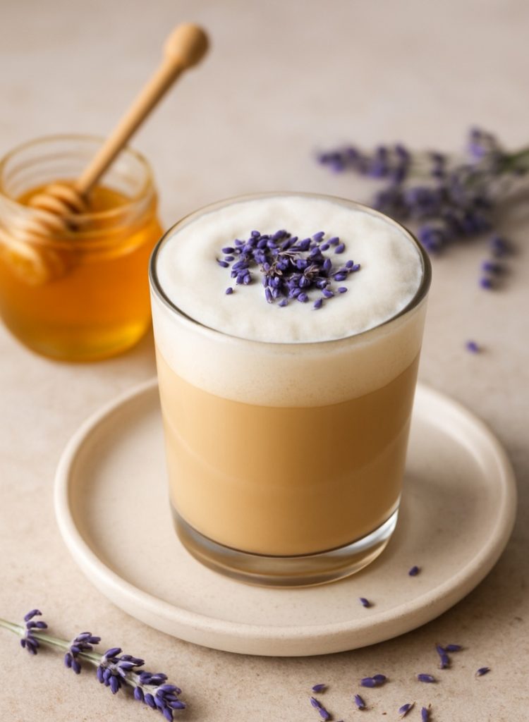 "Honey Lavender Latte with natural honey and lavender flowers in a cozy café cup"