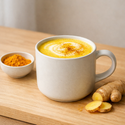 Turmeric Latte (Golden Milk) in a ceramic mug with turmeric and spices