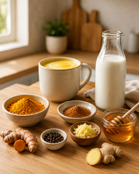 Ingredients for Turmeric Latte (Golden Milk) including turmeric, ginger, cinnamon, black pepper, honey, and milk