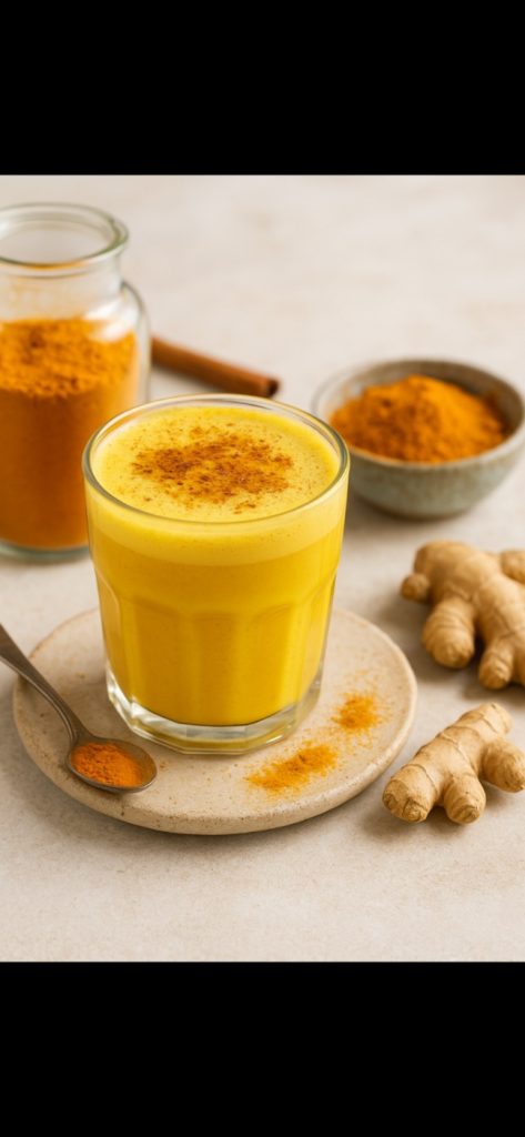 Turmeric Latte (Golden Milk) in a mug with cinnamon and ginger