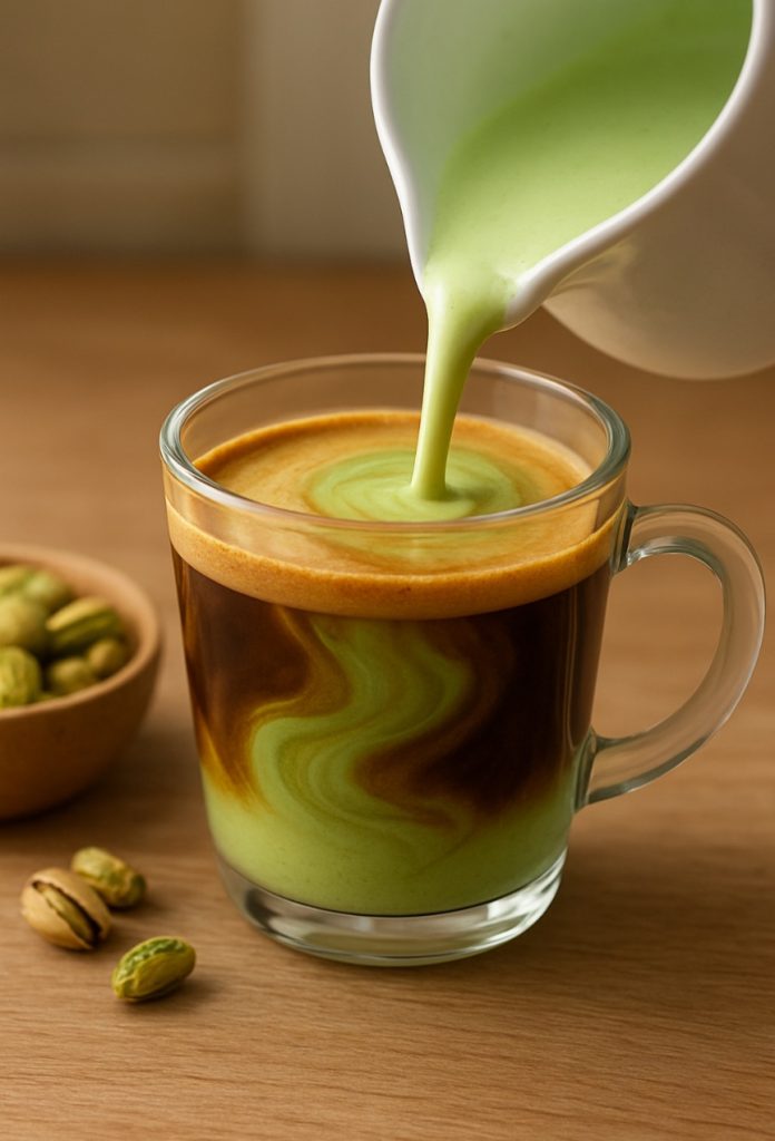 “Pistachio latte with creamy green pistachio milk being poured over espresso, creating a beautiful swirl pattern.