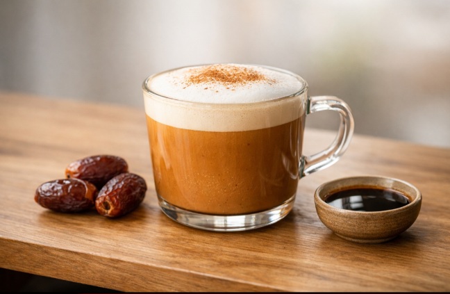 Date latte made with espresso, steamed milk, and natural date syrup served in a clear glass