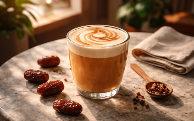 Best Milk for a Date Latte served in a clear glass cup with creamy steamed milk on a café table