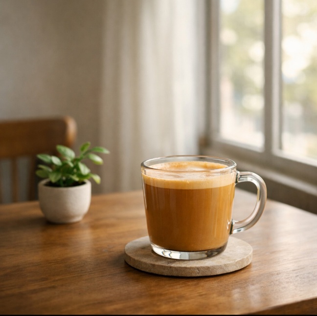 Date Latte served in a calm café setting with natural window light and a small green plant