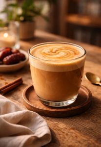 Close-up of a Date Latte showing creamy milk texture and smooth integration with natural date sweetness