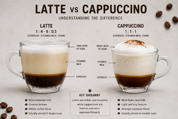 Latte vs Cappuccino ratio comparison showing espresso milk and foam layers