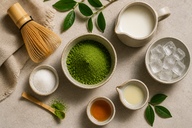 Top-down view of matcha latte ingredients including matcha powder, milk, honey, ice, and a bamboo whisk