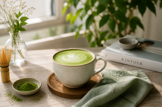 A cozy homemade Matcha Latte on a wooden table in a bright, peaceful kitchen setting