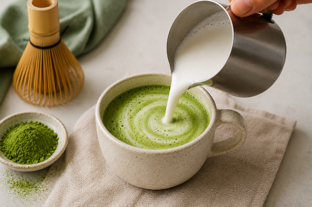 Pouring steamed milk into freshly whisked matcha to make a creamy homemade Matcha Latte