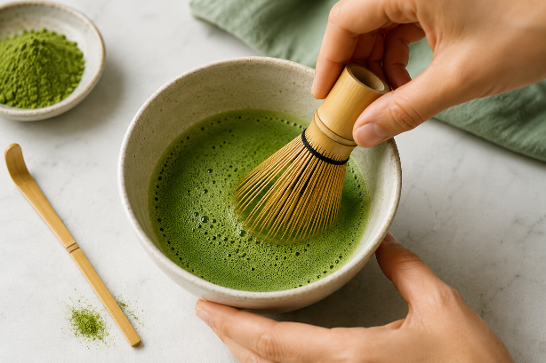 Whisking matcha with a bamboo whisk in a ceramic bowl to prepare a homemade Matcha Latte