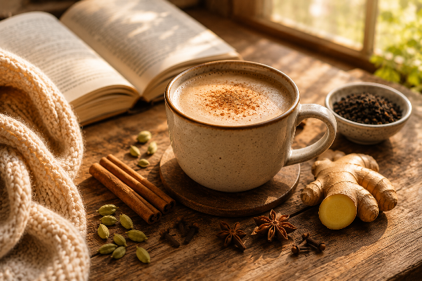A cozy homemade Chai Latte served in a ceramic mug with cinnamon, cardamom, ginger, and black tea beside an open book in warm afternoon light.