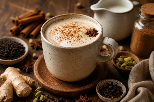 Homemade chai latte served with cinnamon, cardamom, ginger, cloves, and black tea
