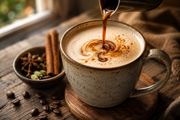 Espresso being poured into a creamy Dirty Chai Latte