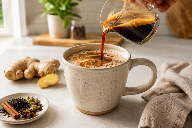 Espresso being poured into a homemade Dirty Chai Latte with chai spices and steamed milk