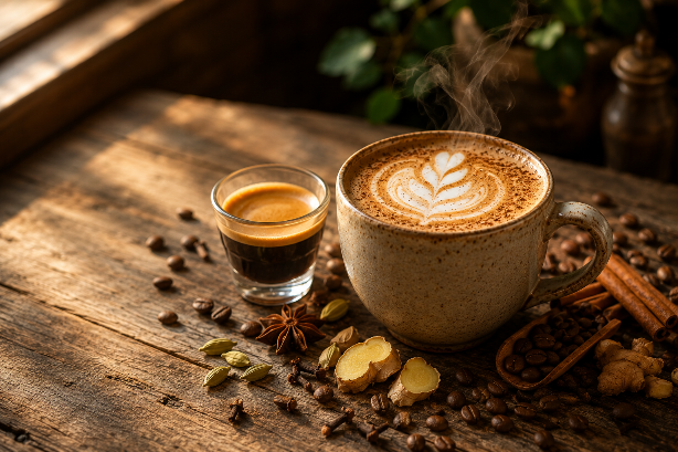Dirty Chai Latte with espresso, chai spices, and steamed milk