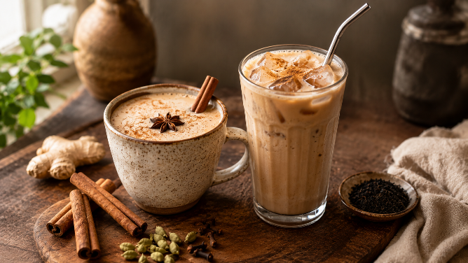 Hot Chai Latte and Iced Chai Latte served side by side with traditional chai spices
