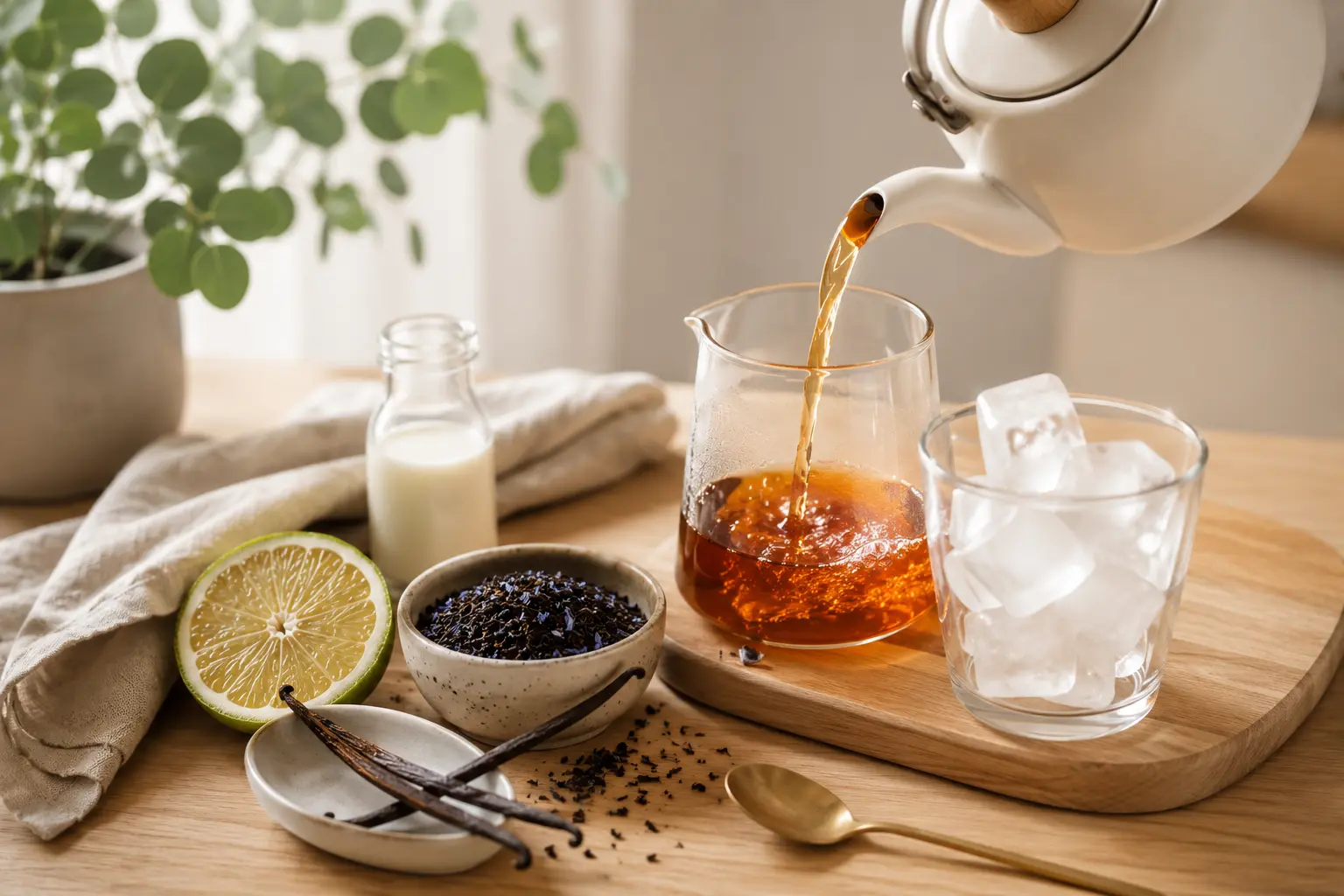 Pouring freshly brewed Earl Grey tea beside ice, vanilla, milk, and bergamot while preparing a homemade Iced London Fog Latte.