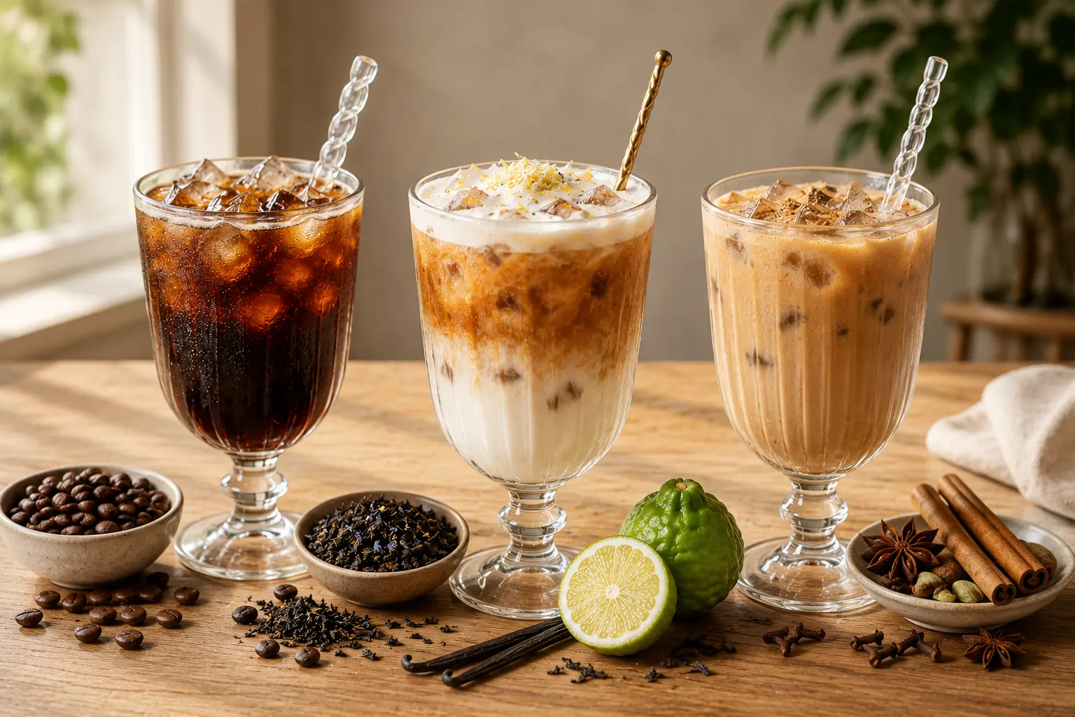 Elegant comparison of an Iced London Fog Latte, Iced Coffee, and Iced Chai Latte served in stemmed glasses with Earl Grey tea, coffee beans, vanilla, and aromatic spices on a bright café table.