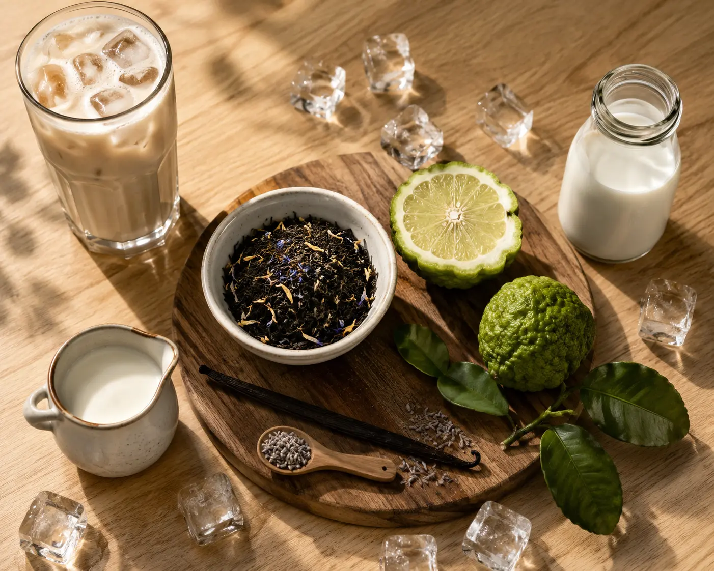 Fresh Earl Grey tea, bergamot, vanilla bean, oat milk, and ice arranged for making a homemade Iced London Fog Latte.