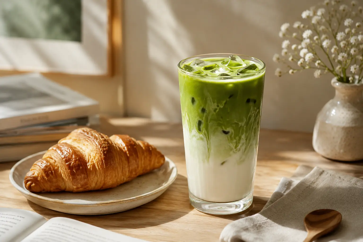 Iced matcha latte served with a buttery croissant on a breakfast table