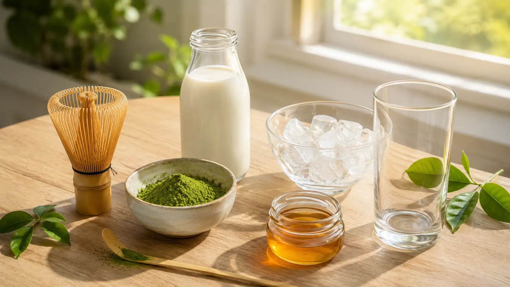 Ingredients for making a homemade iced matcha latte including ceremonial matcha powder, cold milk, bamboo whisk, honey, and ice cubes.