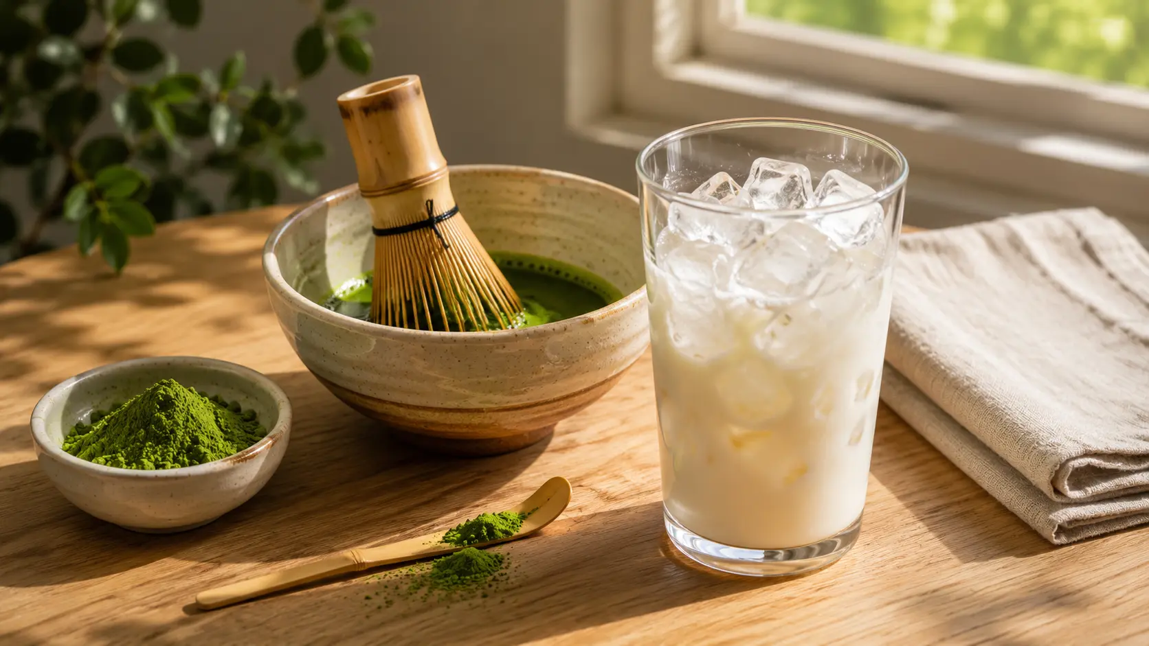 Whisking ceremonial matcha powder with warm water to prepare a homemade iced matcha latte.