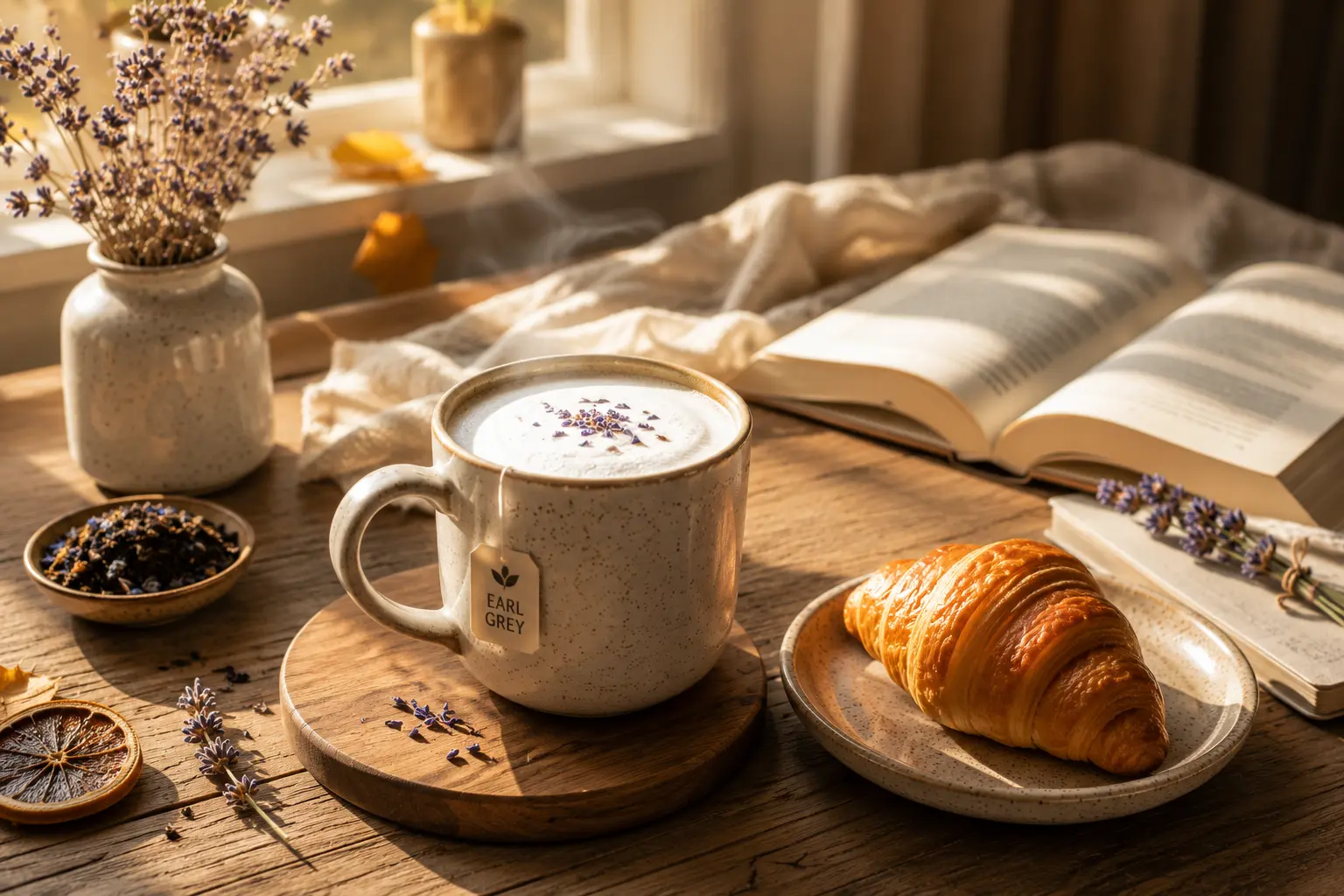 Cozy London Fog Latte with buttery croissant on a sunny autumn morning