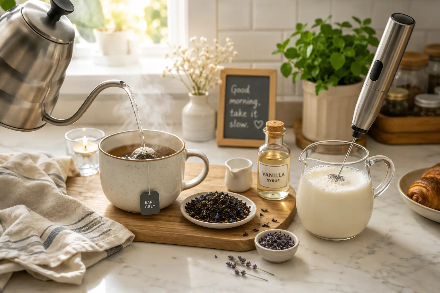 Home barista brewing Earl Grey tea with steamed milk to make a London Fog Latte in a bright kitchen.
