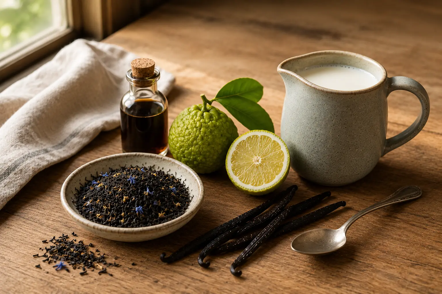 Ingredients for a homemade London Fog Latte including loose-leaf Earl Grey tea, fresh bergamot, vanilla beans, vanilla extract, and milk on a wooden table.