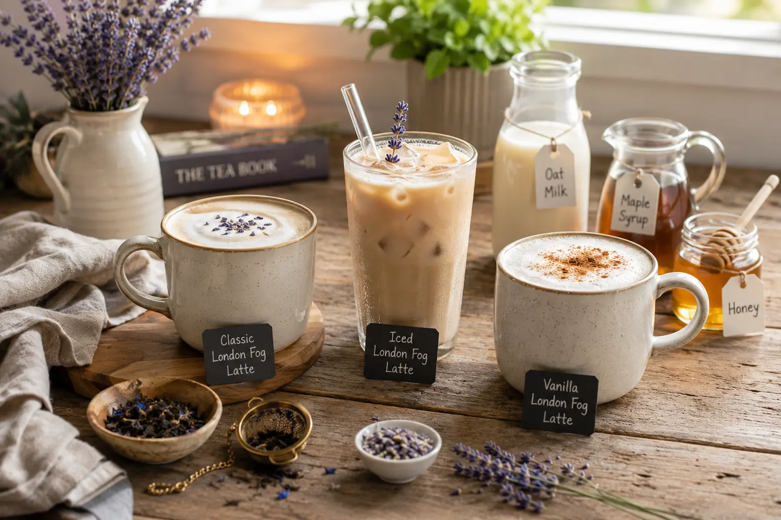 Different London Fog Latte variations with hot and iced tea lattes, oat milk, honey, maple syrup, and lavender on a rustic wooden table.