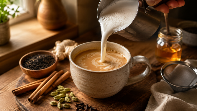 Pouring steamed milk into a homemade Chai Latte with black tea and traditional spices