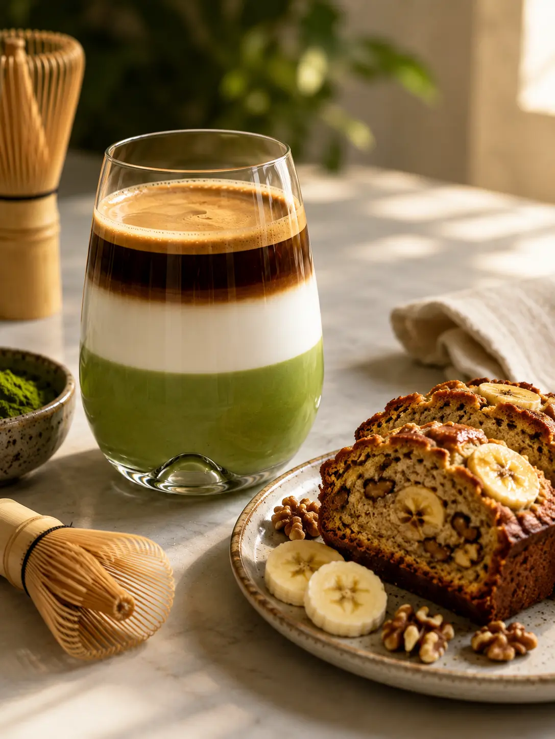 Dirty Matcha Latte served with banana bread, banana slices, and walnuts