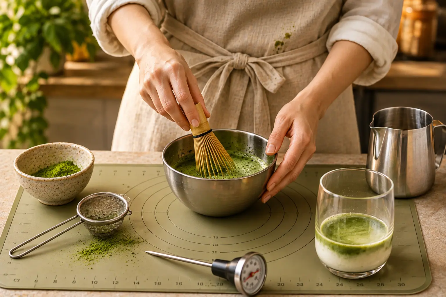 Dirty Matcha Latte preparation with matcha tools