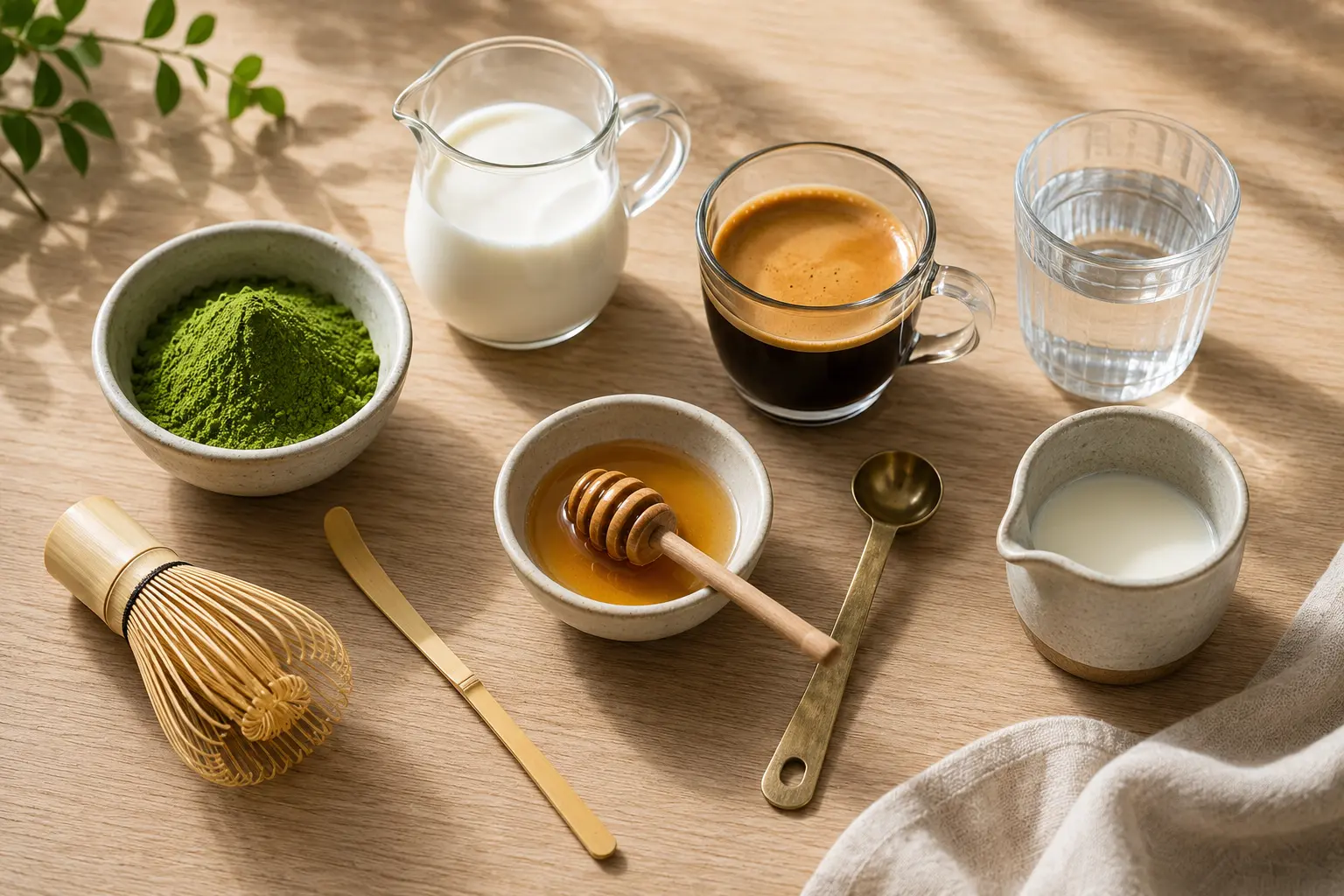 Ingredients for making a Dirty Matcha Latte, including matcha powder, espresso, milk, honey, hot water, and traditional matcha tools