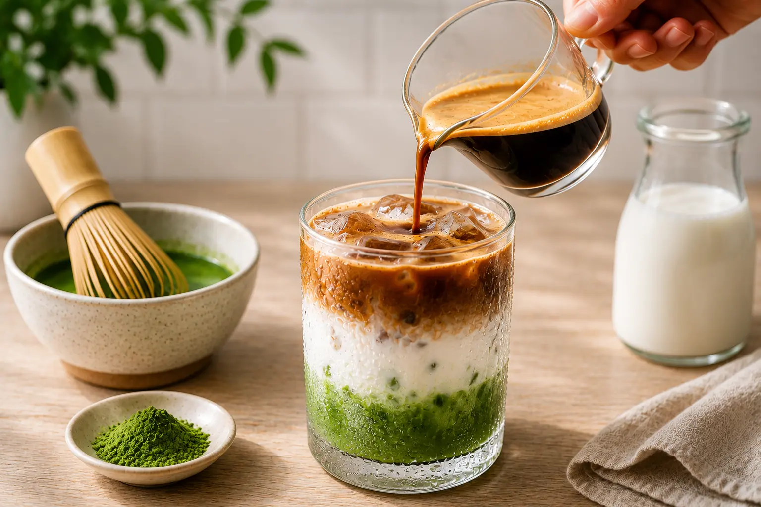 Hand pouring fresh espresso into an iced Dirty Matcha Latte with distinct matcha, milk, and espresso layers