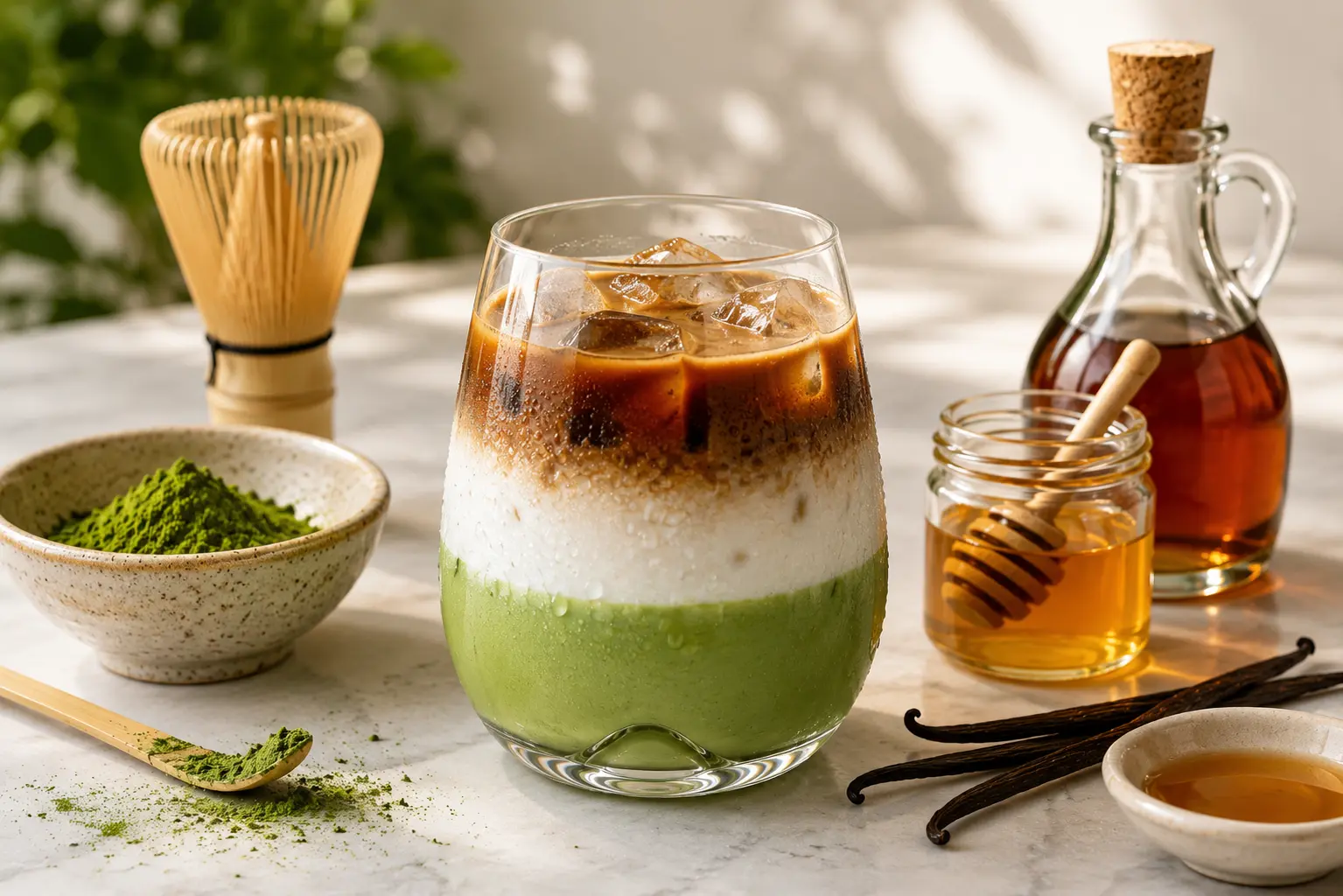 Dirty Matcha Latte with matcha, milk, espresso, honey, maple syrup, and vanilla