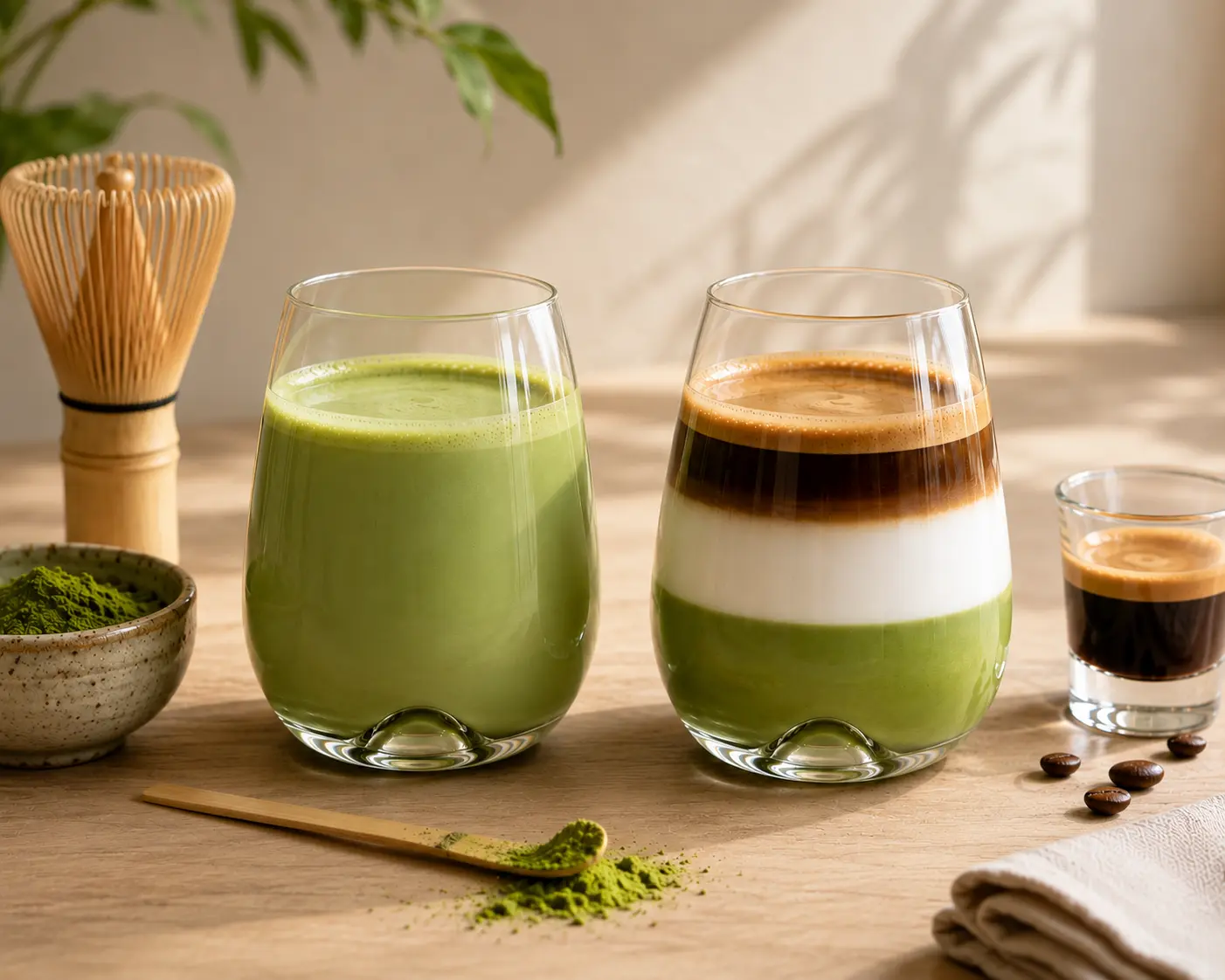 Dirty Matcha Latte next to a traditional Matcha Latte showing the visual difference between espresso and matcha drinks