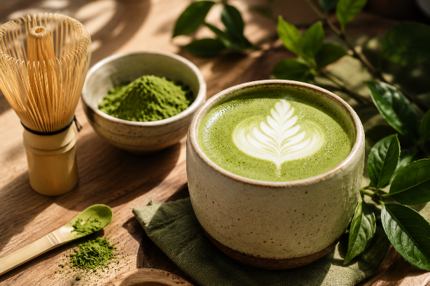 Creamy homemade Matcha Latte in a handmade ceramic mug with a bamboo whisk and ceremonial matcha powder