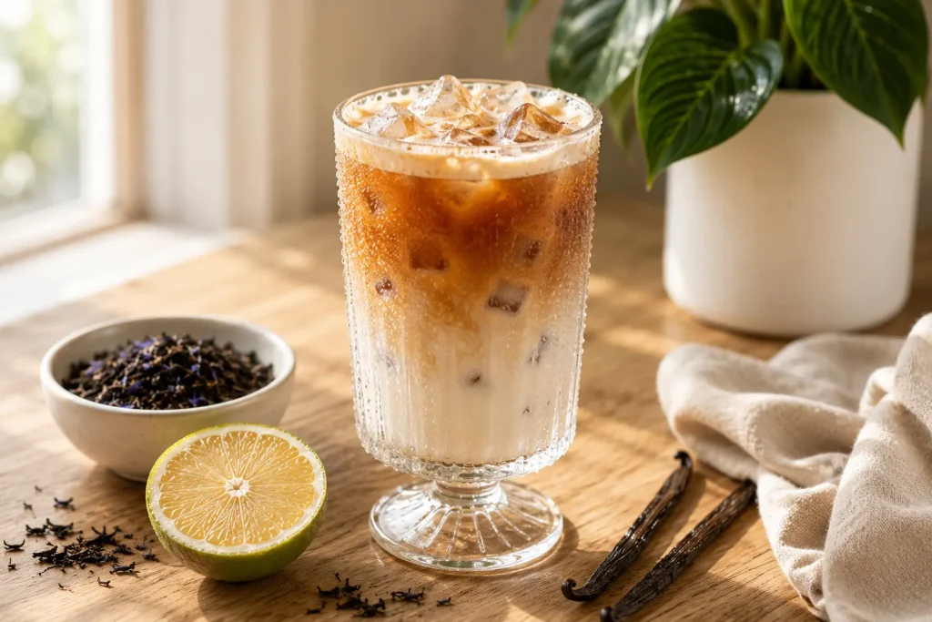 Creamy Iced London Fog Latte made with Earl Grey tea, milk, vanilla, and ice in an elegant stemmed glass with fresh bergamot.