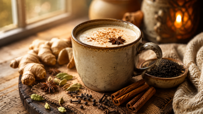 Creamy homemade Chai Latte in a ceramic mug topped with frothy milk and ground cinnamon