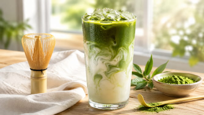 Creamy iced matcha latte served over ice in a clear glass with ceremonial matcha powder and bamboo whisk.