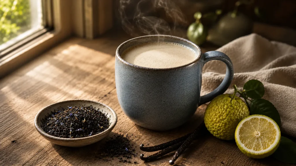 Creamy London Fog Latte made with Earl Grey tea, steamed milk, vanilla, and fresh bergamot in a blue-gray ceramic mug.