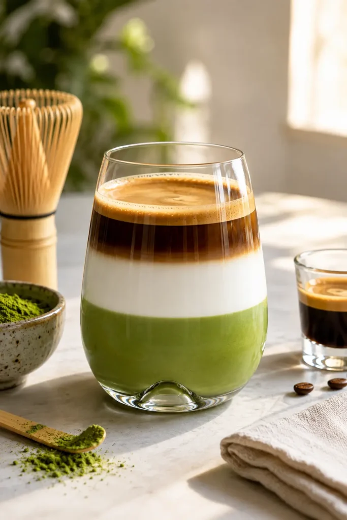Dirty Matcha Latte with layered matcha, milk, and espresso served in a clear glass