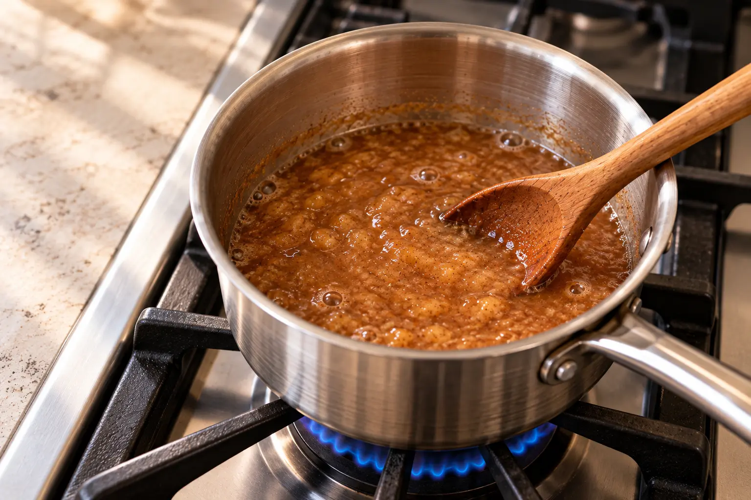Banana bread syrup gently simmering in a stainless-steel saucepan