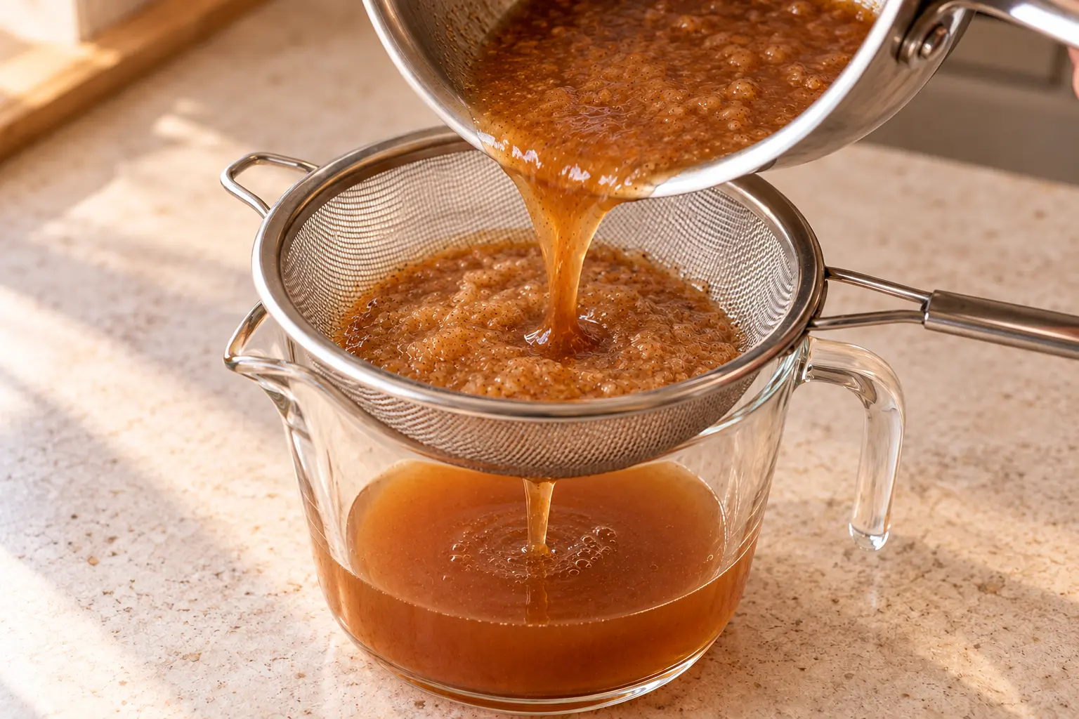 Cooked banana bread syrup being strained through a fine-mesh strainer
