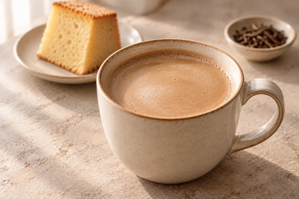 Hot hojicha latte in a cream ceramic mug with roasted hojicha leaves and chiffon cake in the background