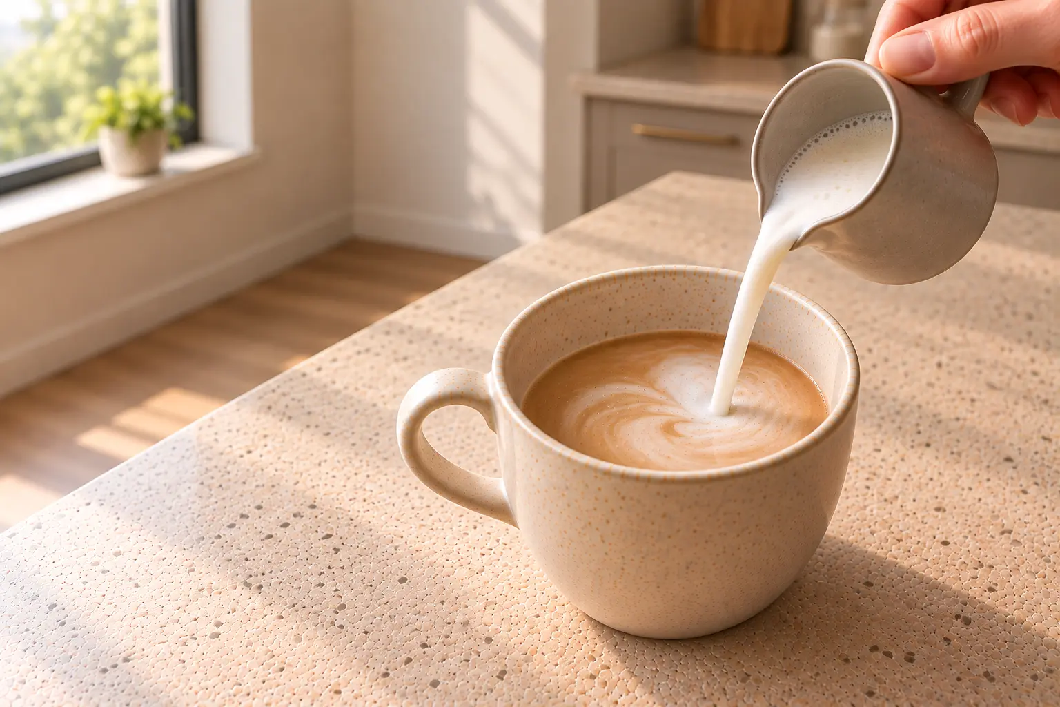 Warm milk being poured into a roasted hojicha base to make a hojicha latte