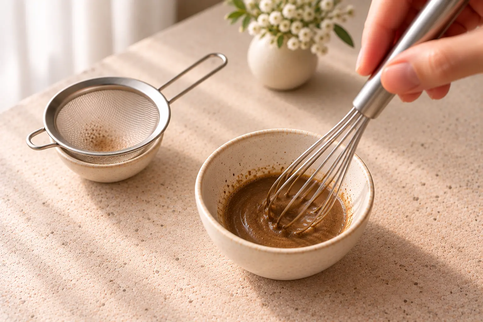 Whisking hojicha powder with a small amount of hot water to make a smooth concentrated base