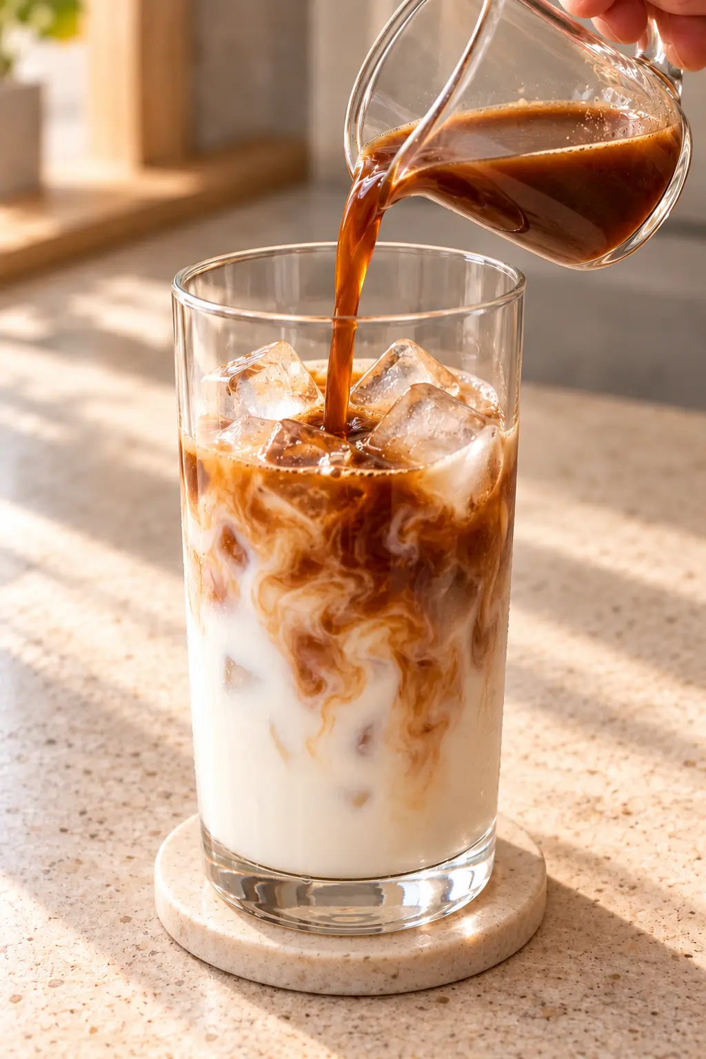 Espresso and banana bread syrup mixture being poured over cold milk and ice