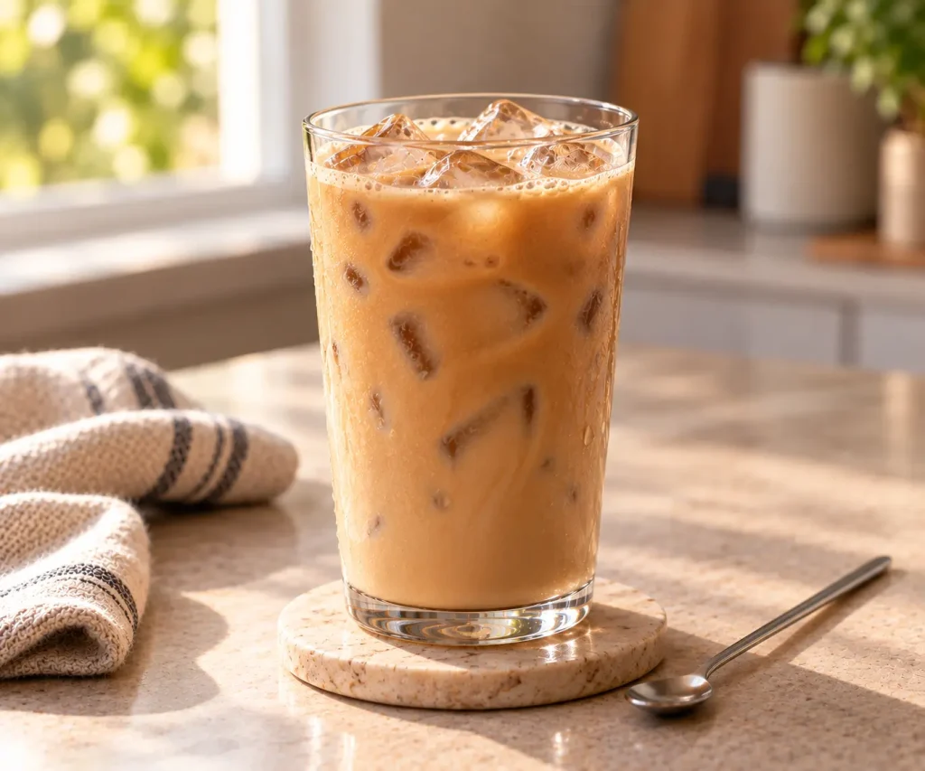 Iced Banana Bread Latte with espresso, milk, ice, and homemade banana bread syrup